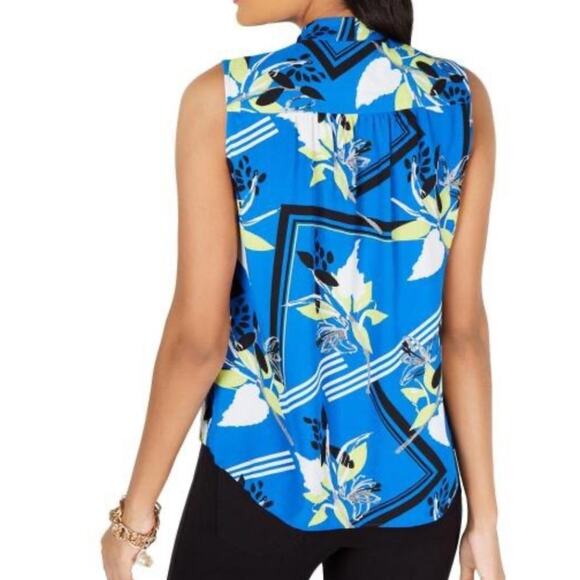 Alfani Women's Blue Floral Surplice Neck Sleeveless Faux Wrap Blouse sz Medium - Picture 3 of 5